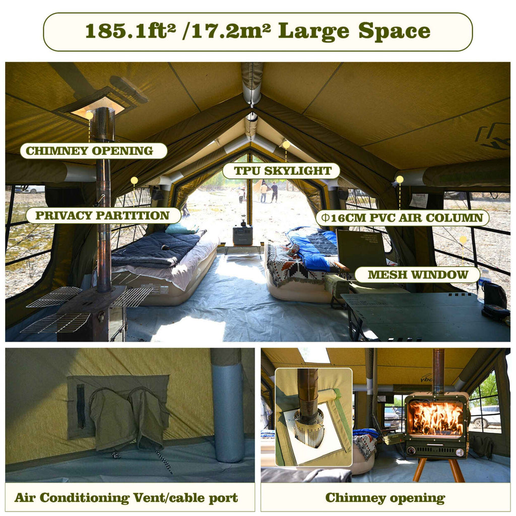 Coody Familia Airtent 17.2 + Wood Stove Kit | Forest Green Air Tent with Caminus Stove