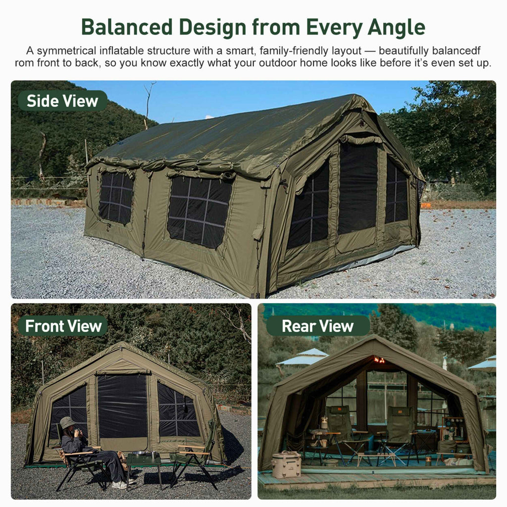 Coody Familia Airtent 17.2 + Wood Stove Kit | Forest Green Air Tent with Caminus Stove