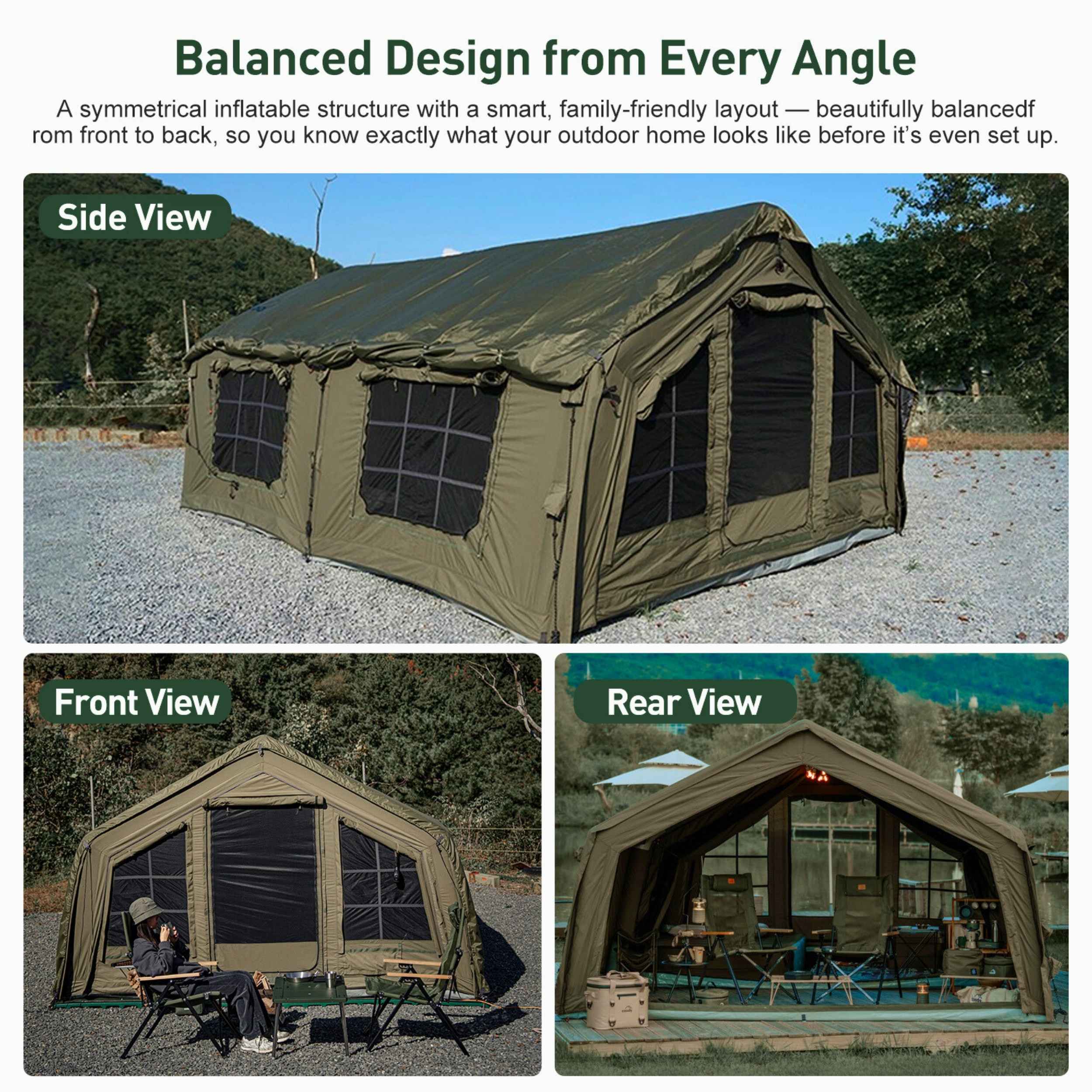 Coody Familia Airtent 17.2 + Wood Stove Kit | Forest Green Air Tent with Caminus Stove