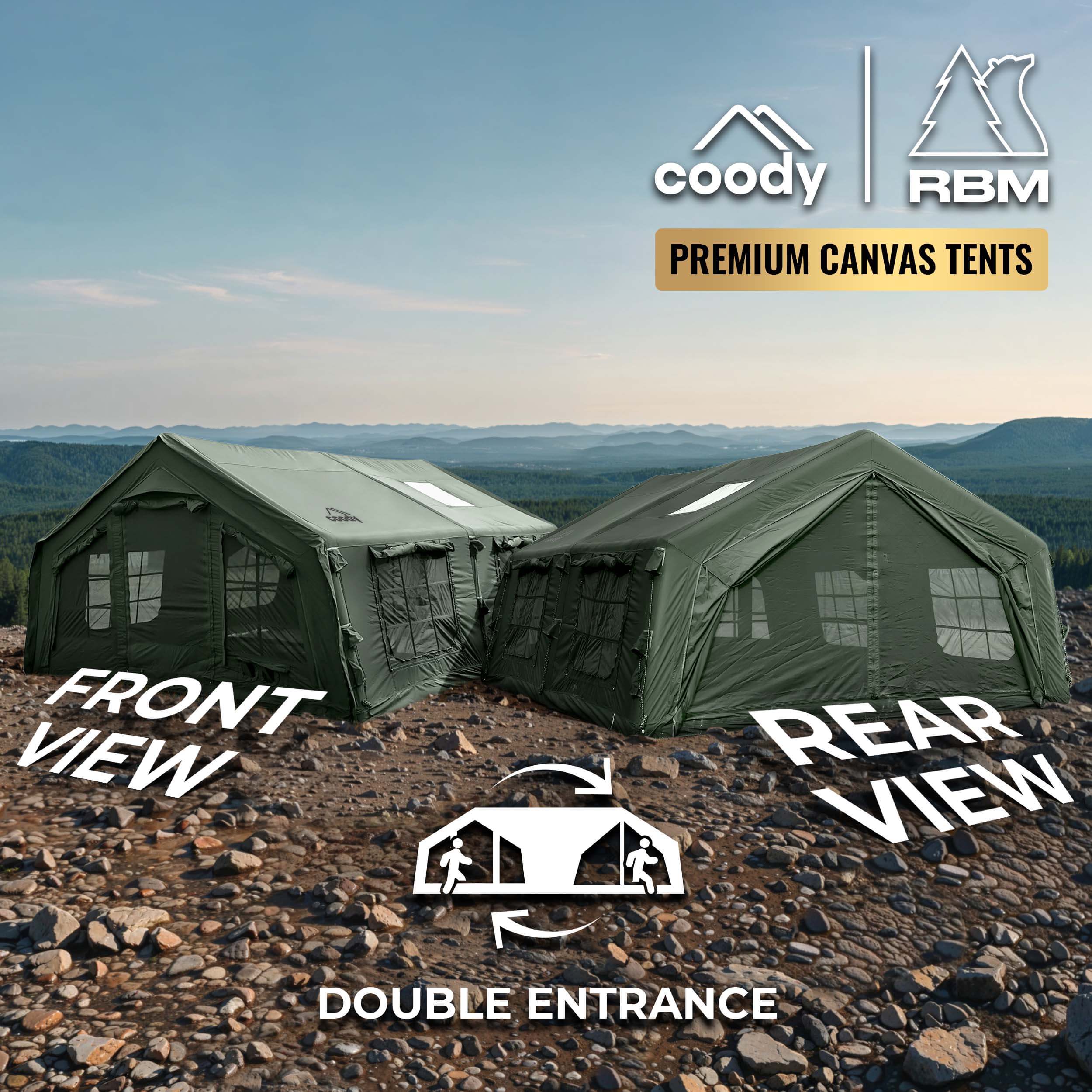 Coody Familia Airtent 17.2 + Wood Stove Kit | Forest Green Air Tent with Caminus Stove