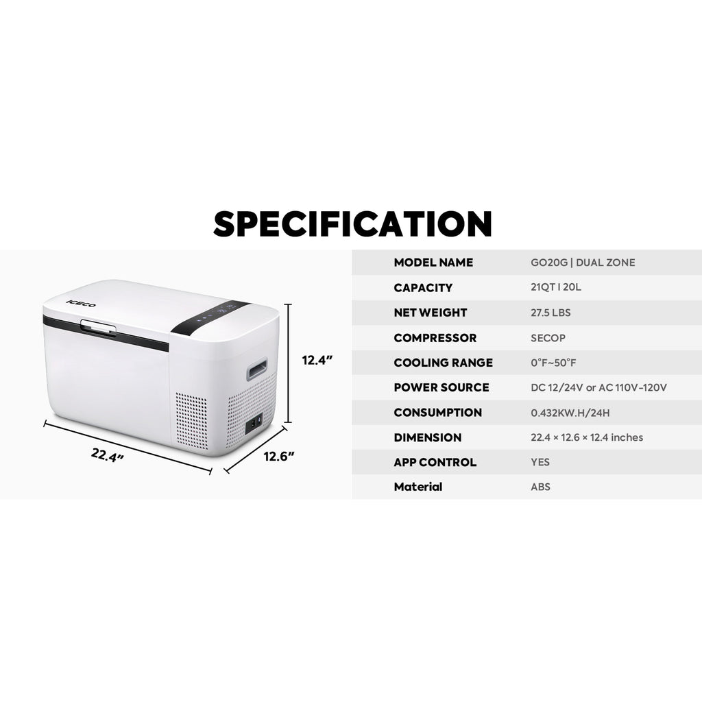 ICECO GO20 12V Portable Freezer 20L Dual Zone | App Controlled Compact Car Fridge
