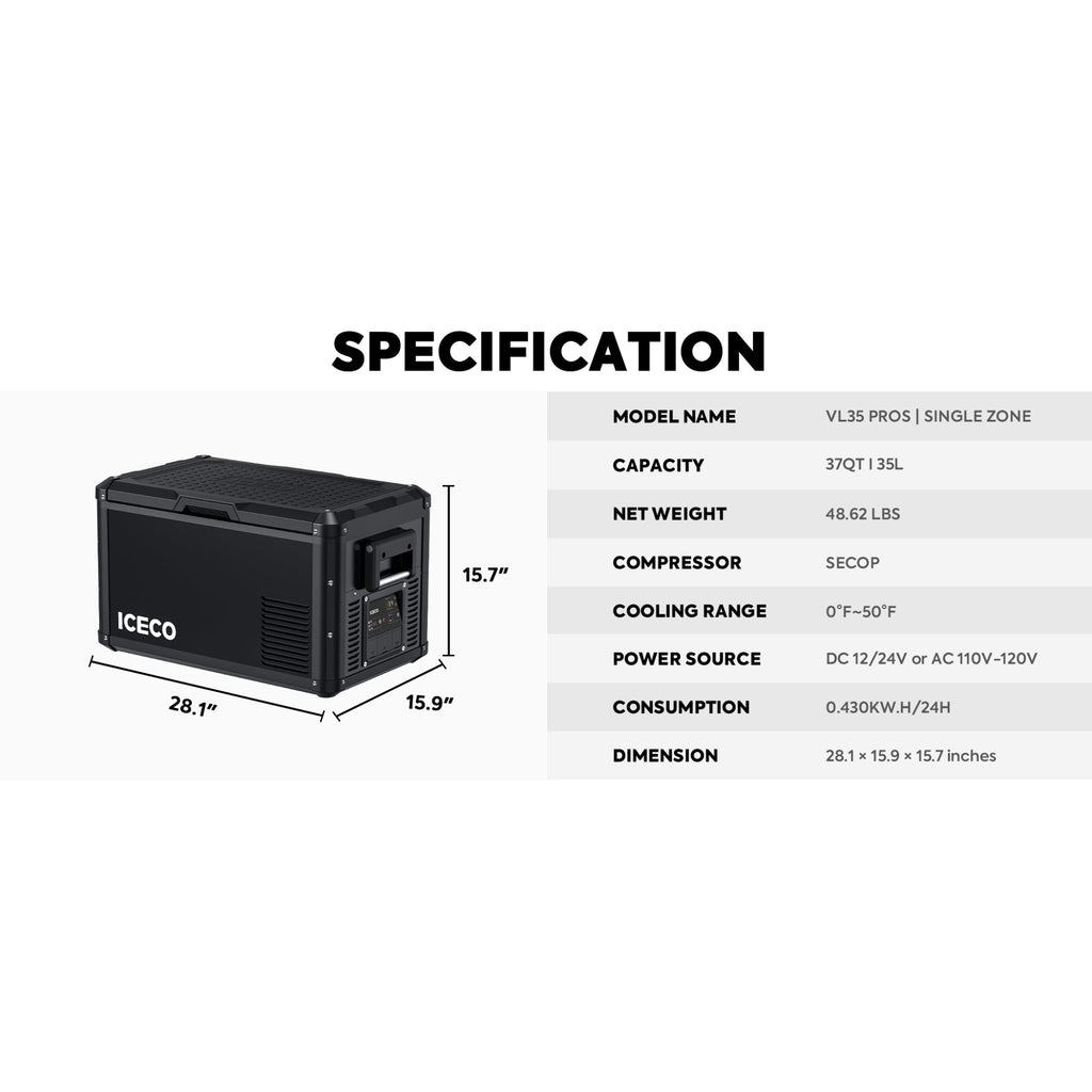 ICECO VL35ProS 12V Portable Fridge Freezer 35L Single Zone | Compact Car & Camping Refrigerator
