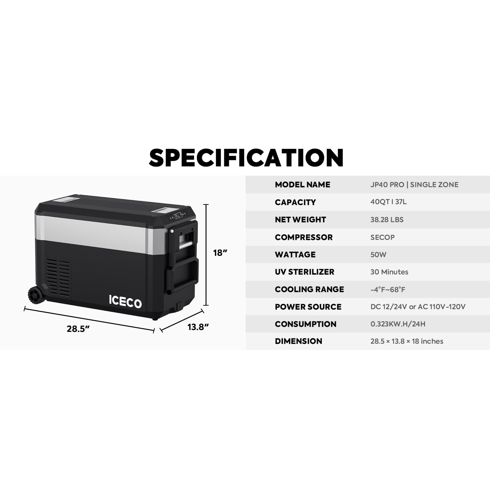 ICECO JP40 PRO Single Zone Portable 12V Fridge Freezer with Cover | 40L Portable Refrigerator