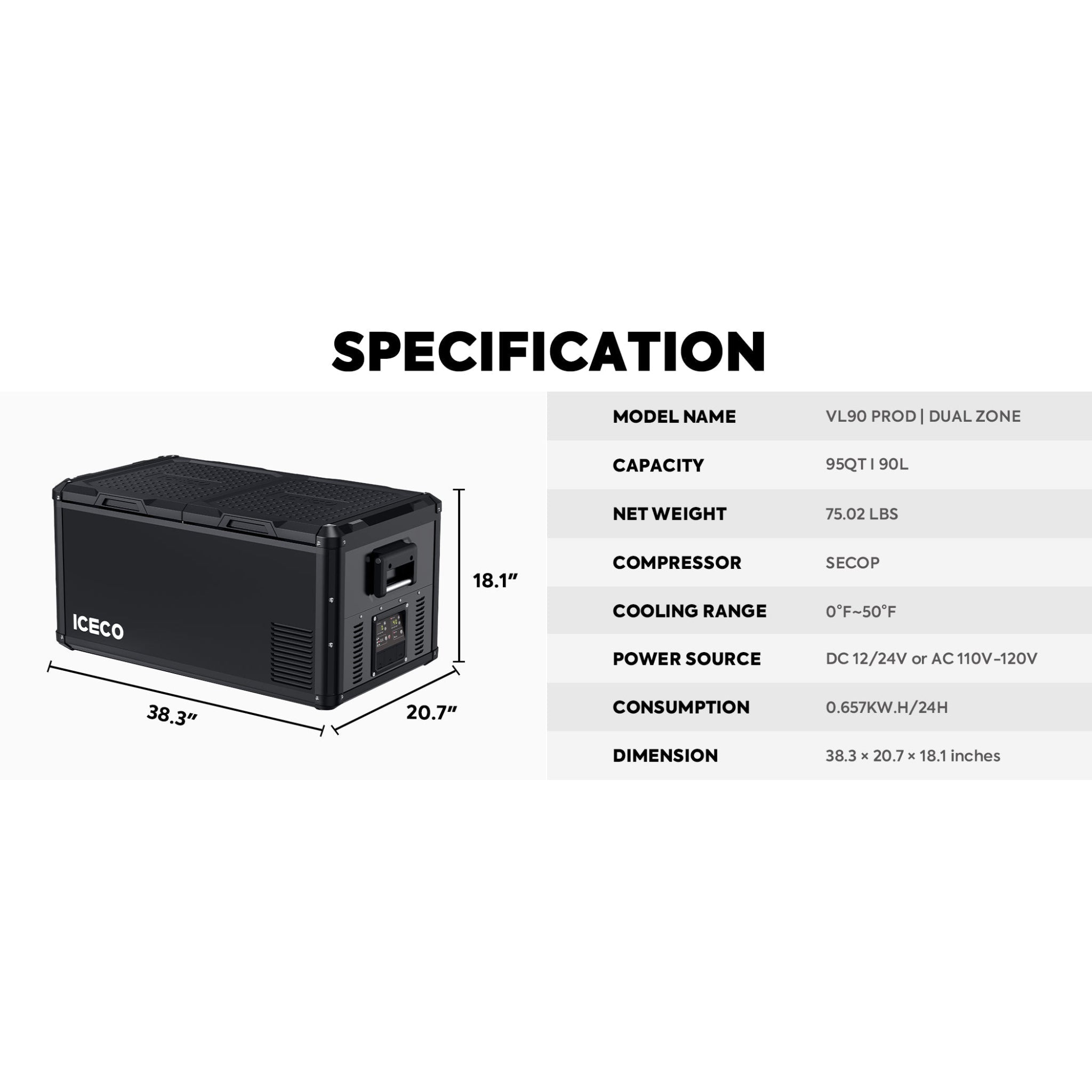 ICECO Heavy-Duty 12V Fridge Freezer 90L | Dual Zone Steel Series