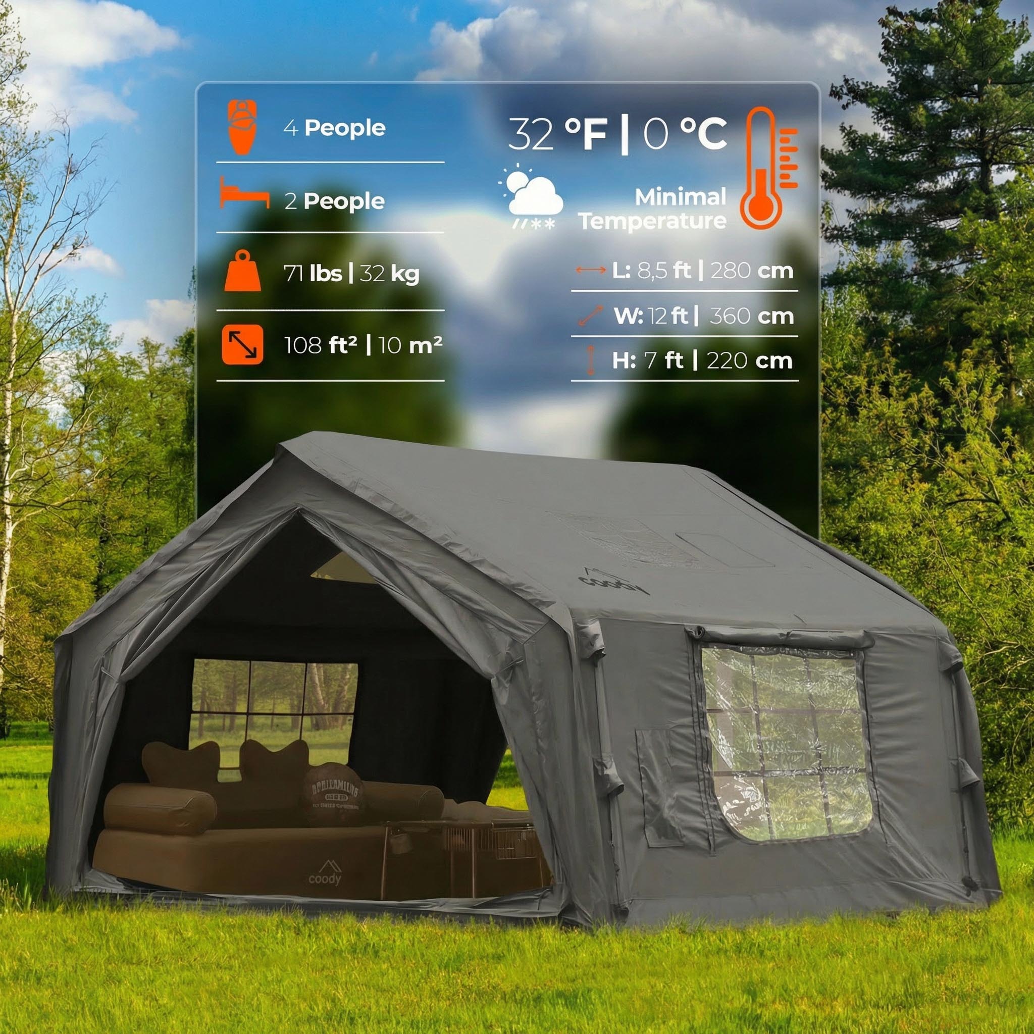 Coody 10.0 Inflatable Tent Gray | Mid-Size Quick Setup 4-Season Inflatable Glamping Tent