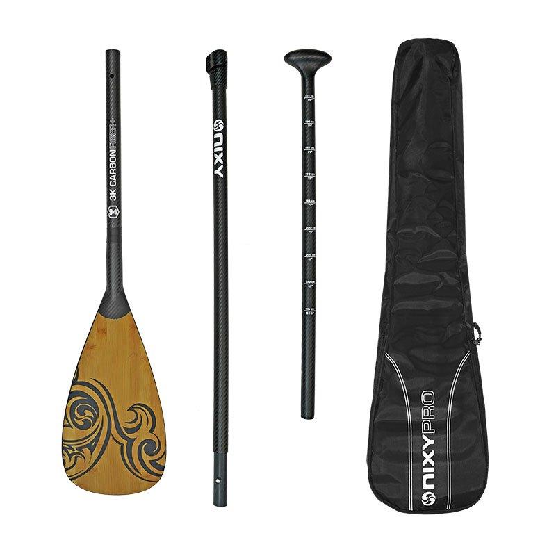 NIXY 3-Piece SUP Adjustable Pro Paddle | 100% Carbon Fiber with Bamboo Veneer Blade