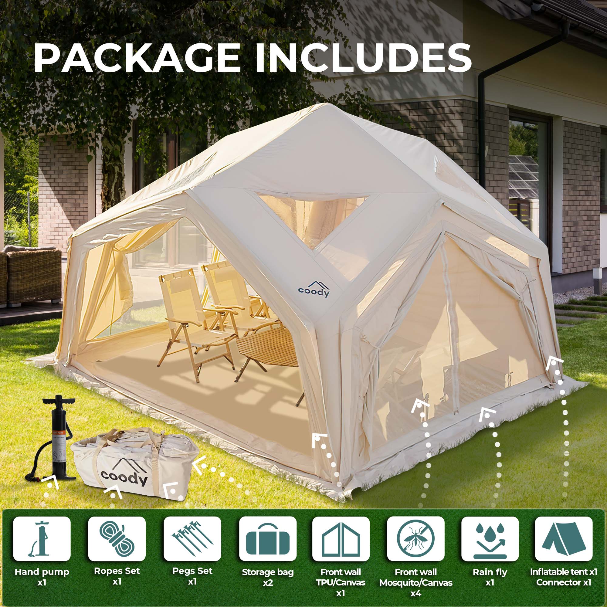 Coody Hub Inflatable Tent Beige | Quick Pitch 4-Season Inflatable Camping Tent