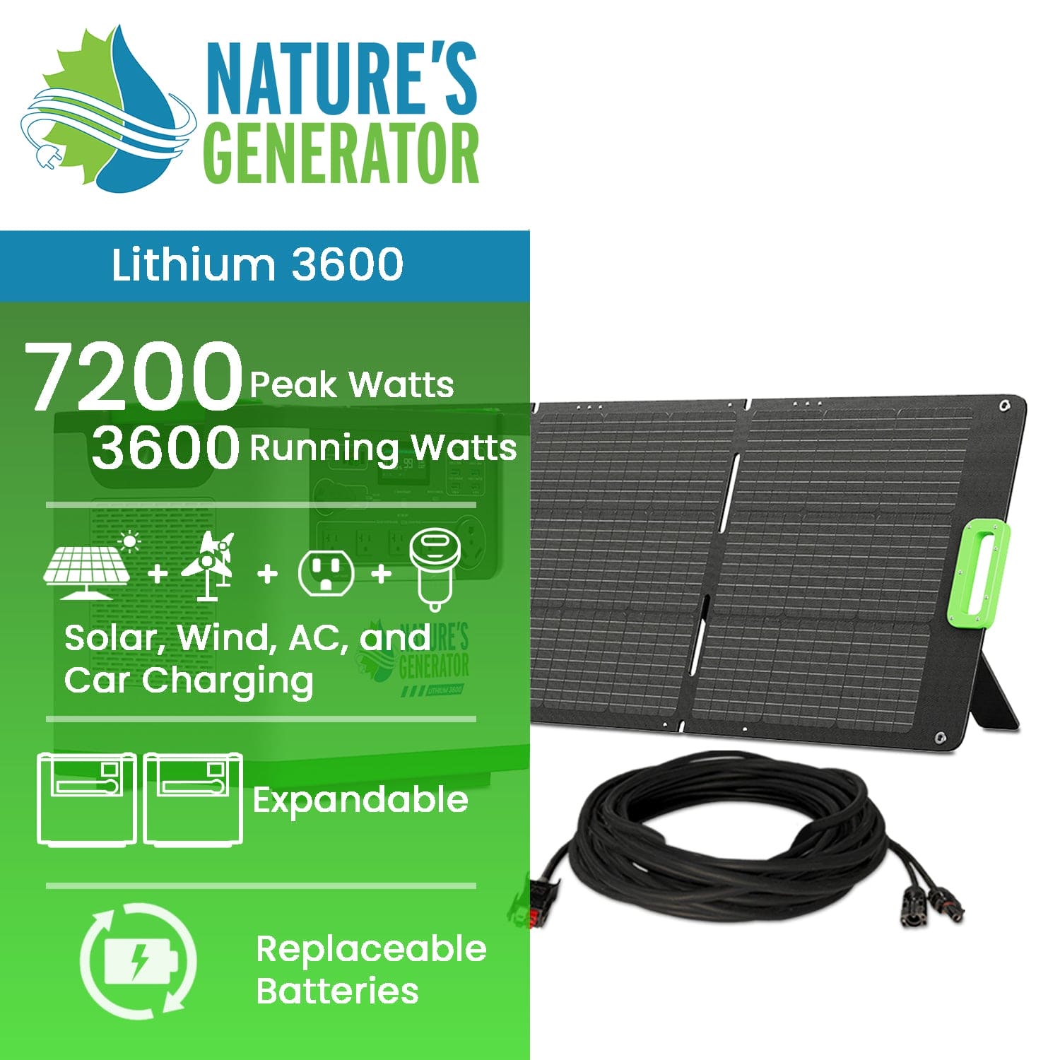 Nature's Generator Lithium 3600 Solar Generator | Portable Solar Power Kit with 3600W Output