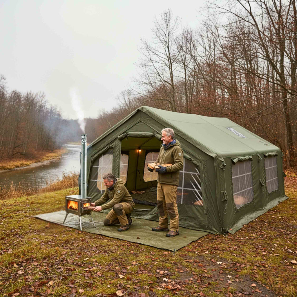 Coody Familia Airtent 17.2 + Wood Stove Kit | Forest Green Air Tent with Caminus Stove