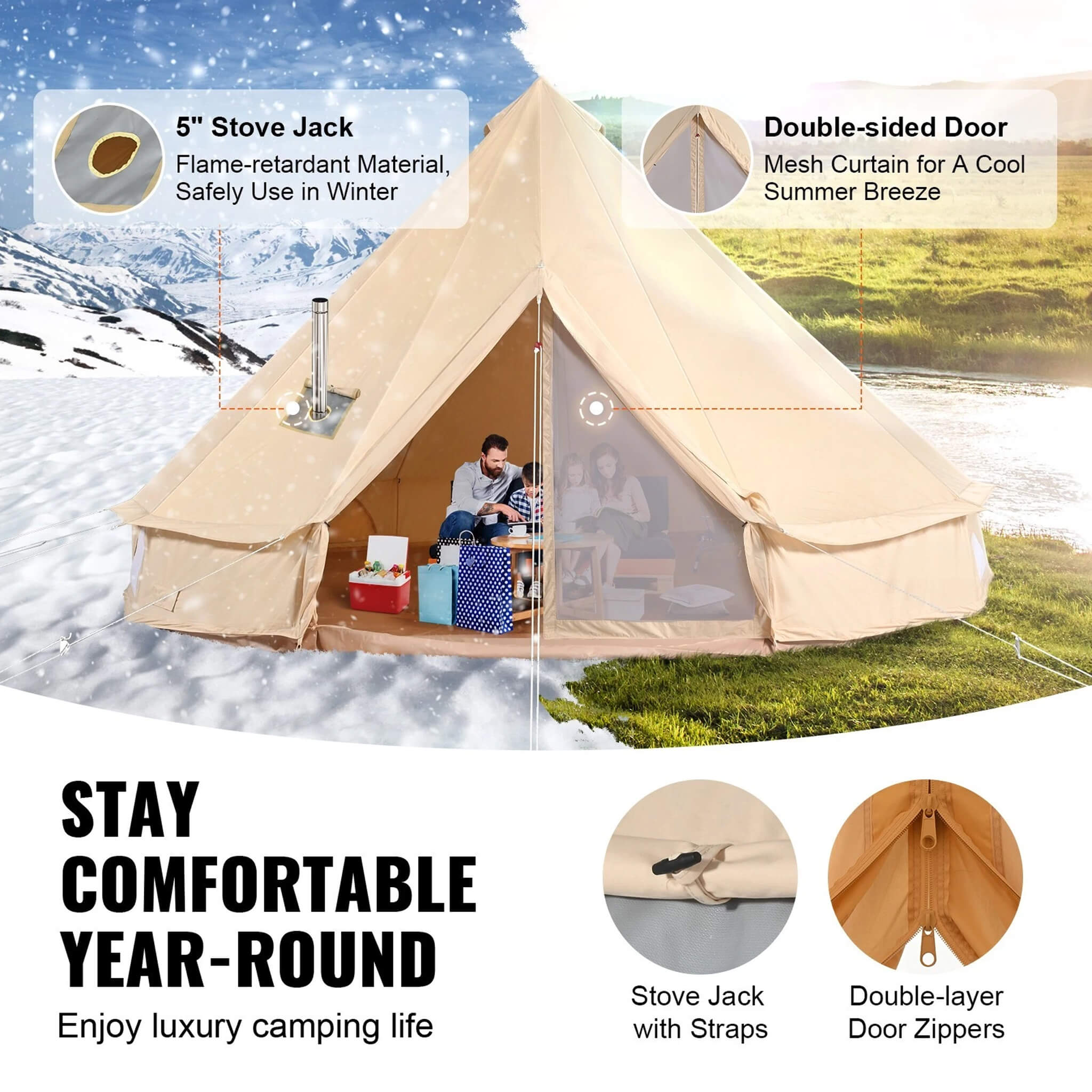 Premium 4-Season Canvas Bell Yurt Tent | Heavy Duty Cotton Canvas Glamping Tent